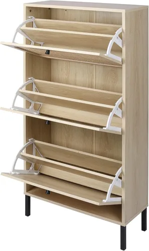 Miniatura 5 de Pvillez Cabina de zapatos de ratán natural, armario de zapatos con 3 cajones abatibles para entrada, moderno armario de almacenamiento independiente