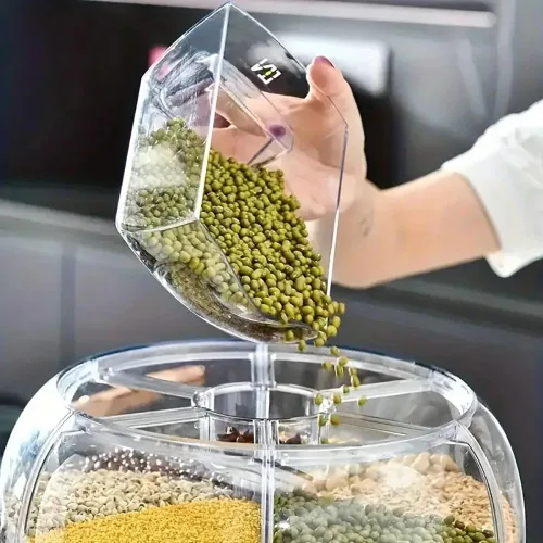 Miniatura 5 de Contenedor giratorio de almacenamiento de granos, dispensador de arroz, recipiente de arroz de 6 compartimentos, dispensador de alimentos giratorio