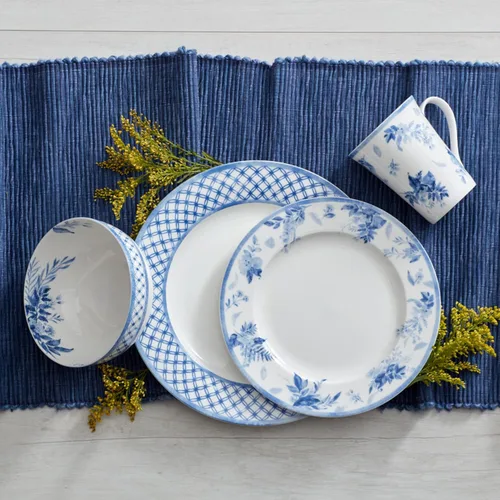 Miniatura 6 de Mikasa Kiley Bone China - Juego de vajilla ligera de 16 piezas resistente a las astillas, servicio para 4, azul y blanco