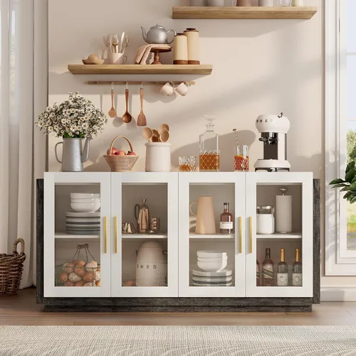 Miniatura 8 de AMERLIFE Aparador Buffet Gabinete, Gabinete de Acento de Color Mixto con Luces LED, Gabinetes de Almacenamiento Modernos con Puertas de Vidrio