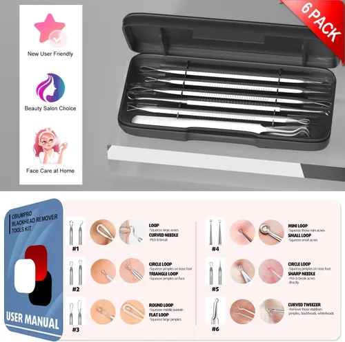 Miniatura 7 de Cbiumpro Paquete de 6 herramientas para eliminar puntos negros, kit de herramientas para reventar espinillas, extractor profesional de puntos negros