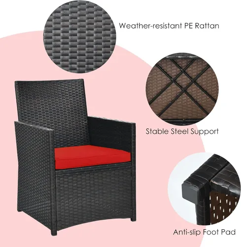 Miniatura 5 de HAPPYGRILL Juego de muebles de patio de 3 piezas, juego de mimbre de ratán PE para exteriores, con cojines lavables y mesa de vidrio templado