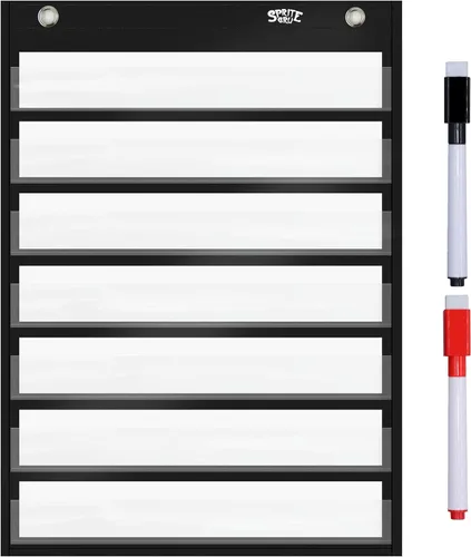 Tabla de bolsillo magnética con 10 tarjetas de borrado en seco para estándares, horario diario, actividades, demostraciones de clase (Negro)