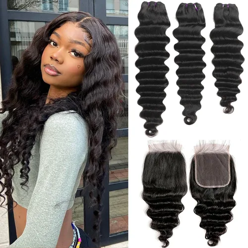 Miniatura 25 de Paquetes de cabello brasileño suelto de onda profunda con cierre, 3 paquetes y cierre de cabello humano de 10, 12, 14+10 pulgadas, 100% sin