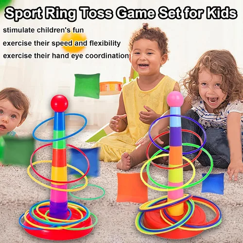 Miniatura 5 de Colorido juego de lanzamiento de anillos deportivos de plástico para niños, 2 columnas coloridas+48 anillos+12 bolsas de frijoles, juguetes