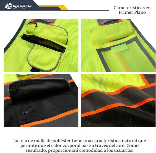 Miniatura 2 de JKSafety Chaleco de seguridad frontal con cremallera de alta visibilidad de 9 bolsillos de color dual MESH Lite Tira reflectante con ribete