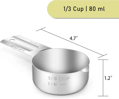 Miniatura 2 de 2 piezas 1/3 taza (80 ml, 2.7 oz) Taza medidora única, cuchara medidora de acero inoxidable, medición métrica y en EE. UU., apta para lavavajillas