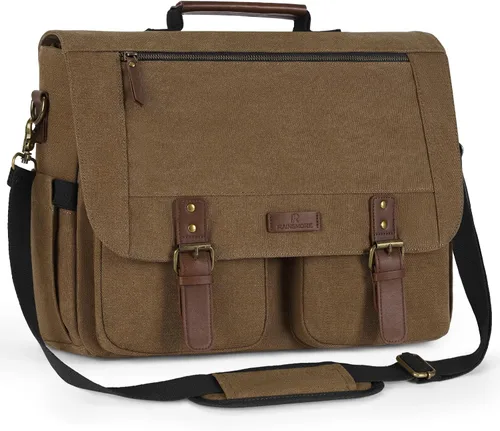 Miniatura 8 de RAINSMORE Bolsa tipo mensajero para hombre de 15.6 a 17.3 pulgadas, resistente al agua, de lona, maletín para computadora, para trabajo, universidad