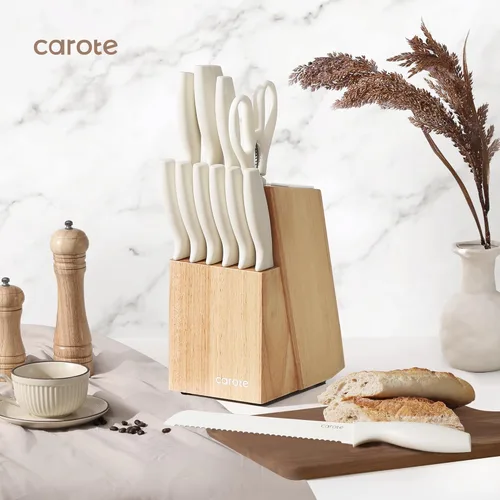 Miniatura 3 de CAROTE Juego de 15 piezas de cuchillos, juego de bloque de cuchillos de cocina, elegantes cuchillas con revestimiento cerámico blanco con elegante
