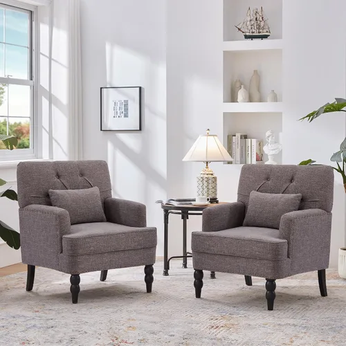 Miniatura 12 de HUIMO Silla de Club Acolchada, Silla de Acento con Almohada Lumbar, Sillón Tapizado con Botones, Sillas de Sofá de Tela de Lino para Dormitorio
