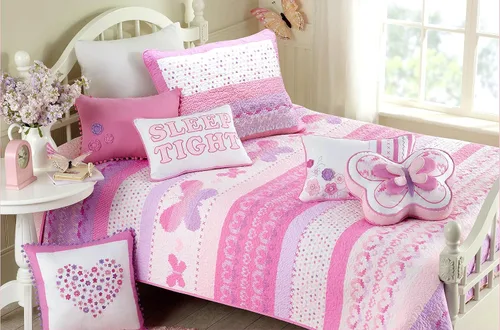 Miniatura 8 de Cozy Line Home Fashions Juego de ropa de cama acolchado reversible de niña con volantes rosa claro y azul de 100% algodón, colcha, cubrecama