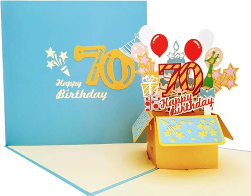 iGifts And Cards Tarjeta desplegable 3D de 70 cumpleaños: caja de fiesta azul centro de mesa de champán - Saludo de hito para padres, abuelos,