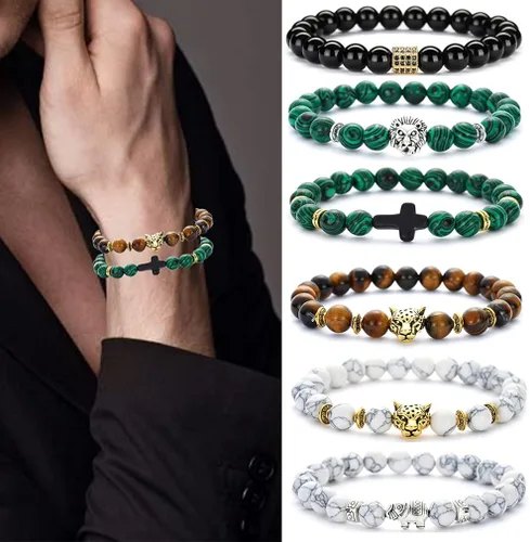 Miniatura 3 de SONNYX - Juego de 12 pulseras de cuentas de piedra de lava de 0.315in para hombres y mujeres, diseño de corona, rey de león, cabeza de leopardo