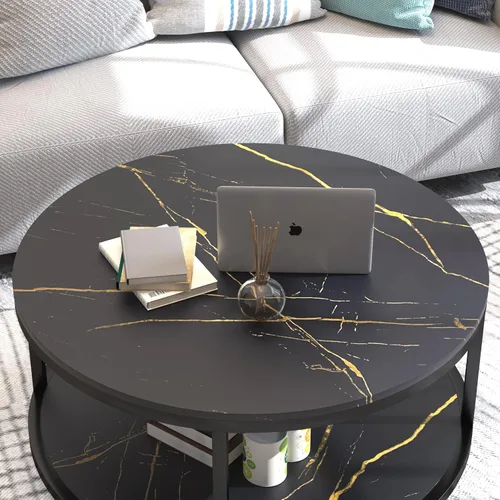 Miniatura 4 de WiberWi Mesa de centro redonda negra para sala de estar de 35.8 pulgadas, mesa circular con parte superior de mármol sintético, patas de metal Negro