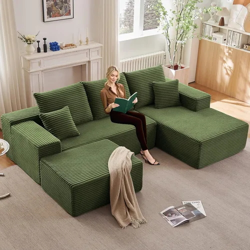 Miniatura 45 de Sofá modular Cloud de 95 pulgadas con otomana, moderno sofá nube en forma de U con asiento profundo, cómodo sofá de pana de 3 plazas, sofá de espuma