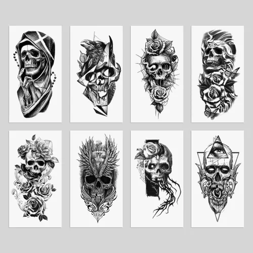 Miniatura 8 de 8 hojas de tatuajes temporales de calavera gótica para adultos, diseño de calavera alada, rosa, parca y ojo falso, arte corporal impermeable