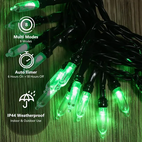 Miniatura 2 de BrizLabs - Cadena de luces verdes, 5.47 metros, 50 luces LED para Navidad, 8 modos, luces de batería verdes para interiores/exteriores, mini cadena