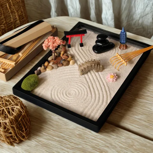 Miniatura 5 de Kit de jardín Zen de Island Falls Home 27.9x20.3 cm. Hermoso mini adorno de piedra japonés, juego de regalo para el hogar, escritorio de oficina.
