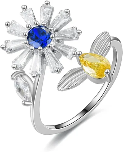 Miniatura 3 de Caiyao Anillo para aliviar la ansiedad, margarita, girasol, flor de mal de ojo, circonita con cuentas abiertas y ajustables, apilables, para mujer