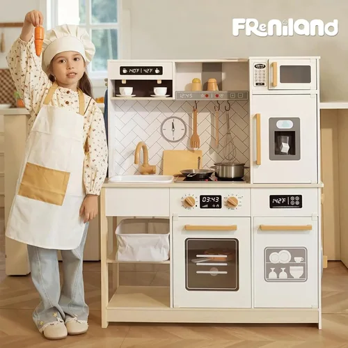 Miniatura 8 de Freniland Cocina de juego de madera, juego de cocina para niños con luz y sonido reales, máquina de hielo realista, estufa y horno, juguete
