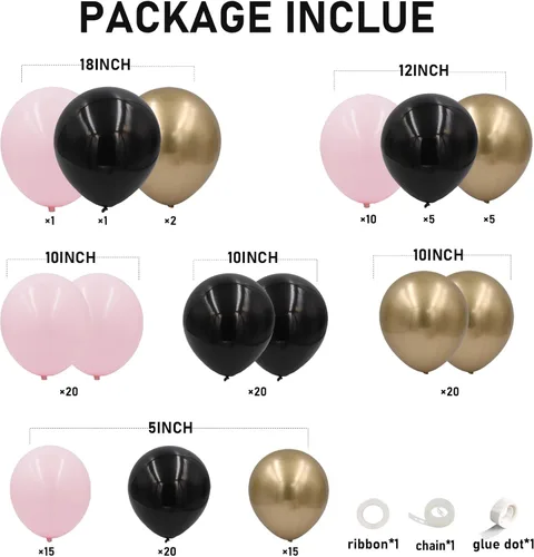 Miniatura 2 de Kit de arco de globos de color negro, rosa y dorado, 134 piezas de 18/12/10/5 pulgadas, guirnalda de globos dorados de chorme negro pastel rosa