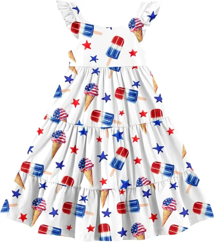 Miniatura 24 de Vieille Vestido de verano para niñas pequeñas, con volantes, sin mangas, casual, vestido de playa, escalonado, vestido de princesa para 2-8 años