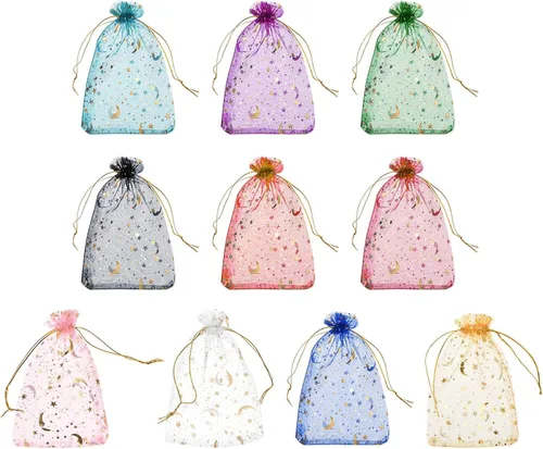 Miniatura 22 de MECCANIXITY Bolsa de organza de 3.5 x 5 pulgadas, bolsas de malla transparente de luna y estrella, bolsas de regalo con cordón, bolsa de regalo