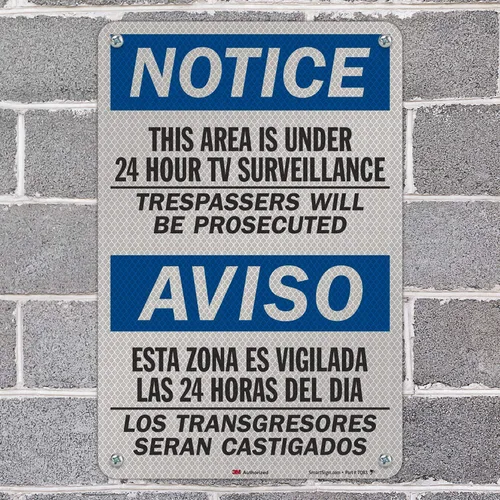 Miniatura 3 de SmartSign Letrero bilingüe con texto en inglés "Notice - This Area Is Under 24 Hour TV Surveillance" 12" x 18" 3M de aluminio reflectante de alta