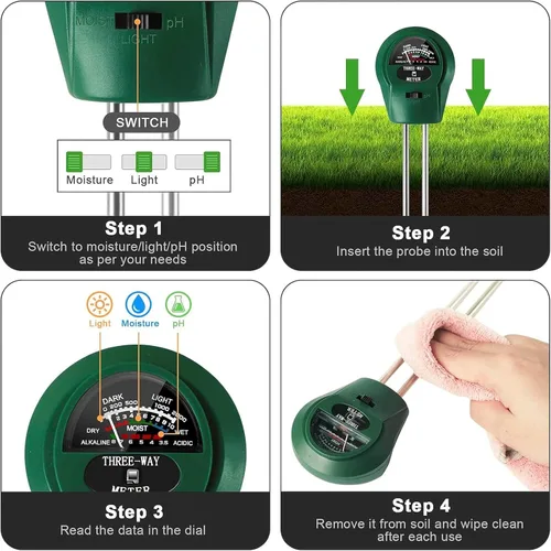 Miniatura 4 de Medidor de pH del suelo 3 en 1: probador de humedad, luz y pH para jardín, césped, granja, cuidado de plantas en interiores y exteriores, verde