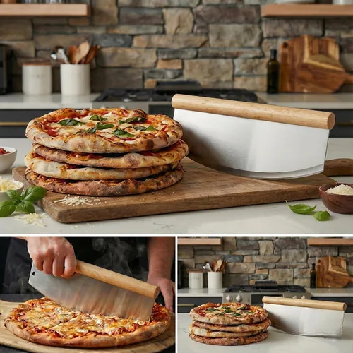 Miniatura 5 de Cuchillo mecedor profesional de acero inoxidable de 14 pulgadas, cortador de hoja de mango de madera con cubierta cómoda, rebanador de pizza