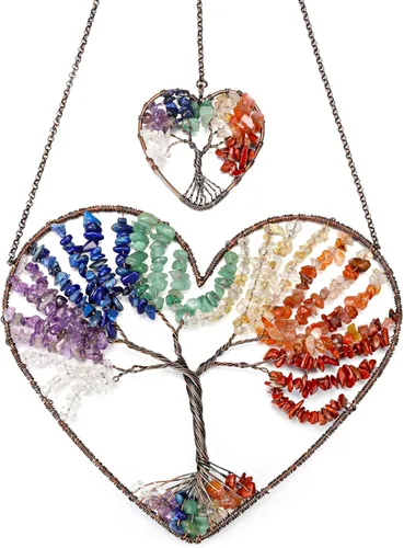 Miniatura 6 de JOVIVI Adorno colgante de árbol de la vida de doble corazón, 7 chakras, reiki, cristales curativos, piedras preciosas de meditación, colgador