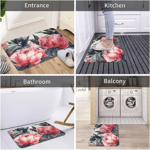 Miniatura 5 de Tapete para puerta delantera, estampado de peonías, primavera, tapete de bienvenida, absorbente, antideslizante, tapete de entrada suave, alfombra