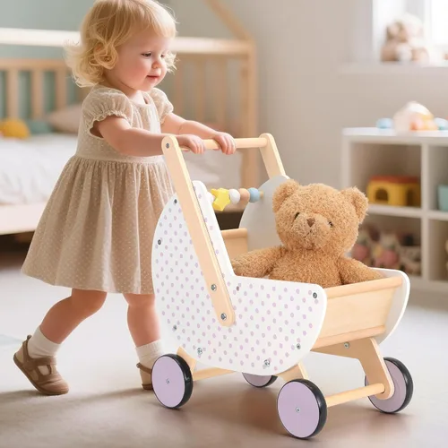 Miniatura 6 de Pillowhale Andador de madera y cochecito de muñeca – Carro de empuje con mango ajustable, antipunta, ruedas silenciosas, carrito de compras