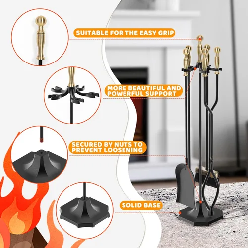 Miniatura 6 de Juego de 5 herramientas para chimenea de 31 pulgadas, herramientas de hierro forjado con mango ergonómico, juego de accesorios para chimenea incluye