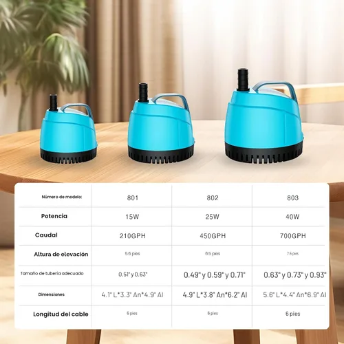 Miniatura 3 de Bomba de agua sumergible de 210 GPH ultra silenciosa (780L/H, 15 W), bomba de acuario de succión inferior con 2 boquillas, elevación de 5.6 pies