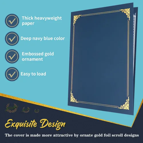 Miniatura 3 de Paquete de 10 soportes para certificados, cubiertas de certificado azul marino, soportes para diploma, carpetas de certificados con borde de lámina