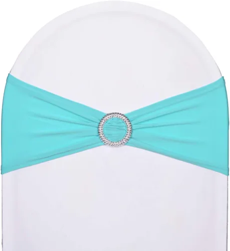 10 bandas elásticas de elastano azul turquesa, mano de obra de doble costura, bandas para cubierta de silla con hebilla deslizante para boda,