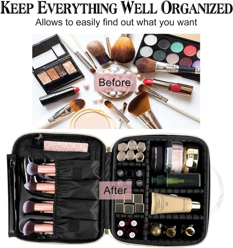 Miniatura 4 de Bolsa de maquillaje de viaje de 10.4 pulgadas, estuche portátil de maquillaje, organizador de bolsas de cosméticos con divisores ajustables y correa