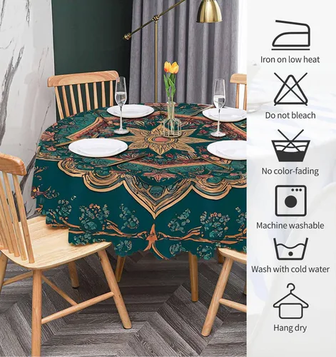 Miniatura 7 de IBILIU Mantel redondo de mandala floral retro, bohemio, estilo indio, patrón étnico de damasco, resistente al agua, de poliéster, mantel decorativo
