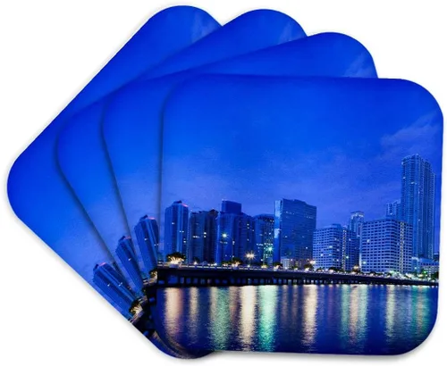 3dRose Danita Delimont - Florida - Estados Unidos, Florida, Miami, ciudad de Brickell Key, amanecer. - Juego de 4 posavasos - Soft (cst_205552_1)