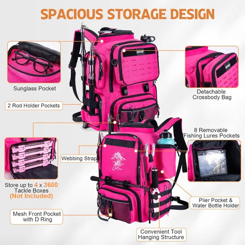 Miniatura 2 de Mochila de pesca Goture, mochila de equipo de pesca resistente al agua de 900D con soportes para cañas, bolsa de equipo de pesca de gran Rosa