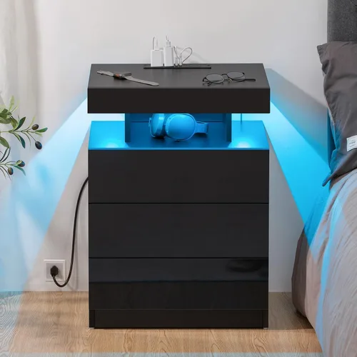 Miniatura 7 de HOMMPA Mesita de noche negra con estación de carga inalámbrica, mesita de noche de alto brillo con 3 cajones, mesa auxiliar con carga USB tipo C