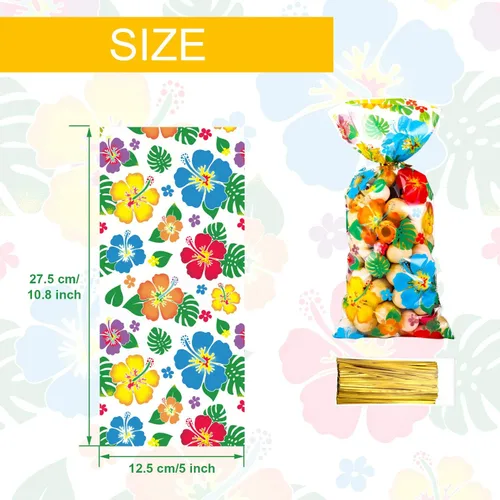 Miniatura 7 de 100 bolsas hawaianas de celofán Luau tropical, Aloha Hibiscus, bolsas de golosinas, suministros para fiestas Tiki, decoraciones Luau con 100 lazos