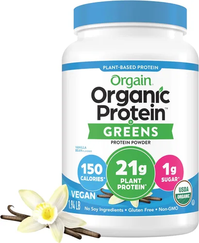 Orgain Proteína vegana orgánica en polvo + verduras, vainilla – 0.74 oz de proteína a base de plantas, 0.16 oz de fibra prebiótica para la salud