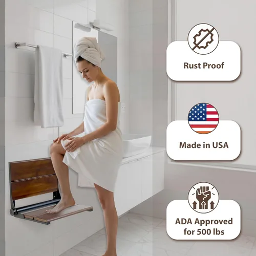 Miniatura 3 de Asiento de ducha de nogal, madera de contorno, banco plegable de montaje en pared para ducha interior, ADA Safety Aid, acero inoxidable 304, negro