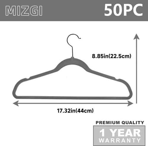 Miniatura 5 de MIZGI Perchas de Terciopelo Premium (Paquete de 50) Resistentes - Perchas de Fieltro Antideslizantes - Percha de Traje de Terciopelo Gris - Ganchos