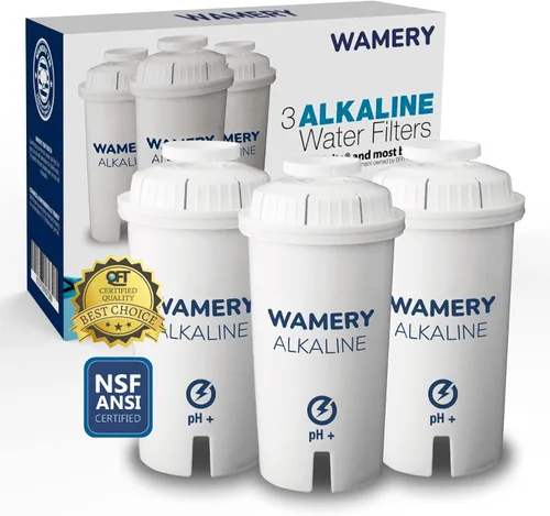 Wamery Filtro de agua alcalino de repuesto para jarras Brita, paquete de 3, mejora el pH y el sabor, 42 galones cada uno, carbón activado de coco,