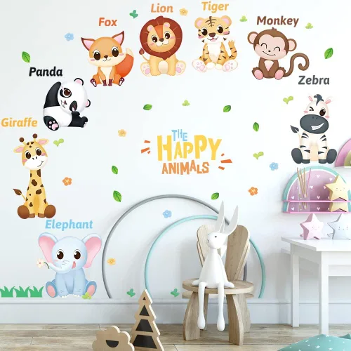 Miniatura 2 de Supzone Calcomanía de pared de animales de la selva, calcomanías de pared educativas para niños, diseño de jirafa, mono, león, jirafa, decoración
