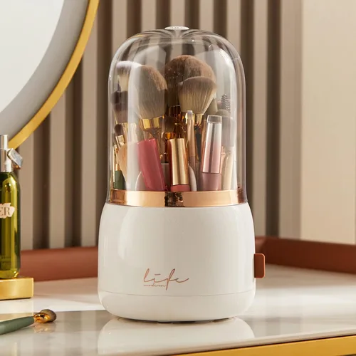 Miniatura 7 de Organizador de brochas de maquillaje con tapa, organizador giratorio a prueba de polvo para brochas de maquillaje con cubierta acrílica transparente