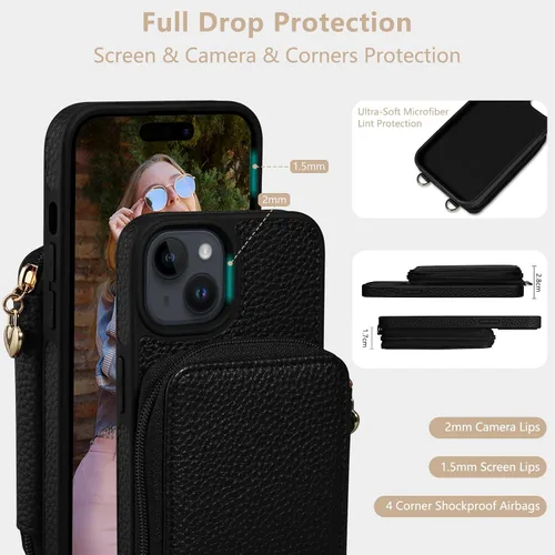 Miniatura 4 de Funda compatible con iPhone 15 de 6.1 pulgadas, cremallera cruzada con ranuras para tarjetas de bloqueo RFID, soporte, cordón y correa de mano